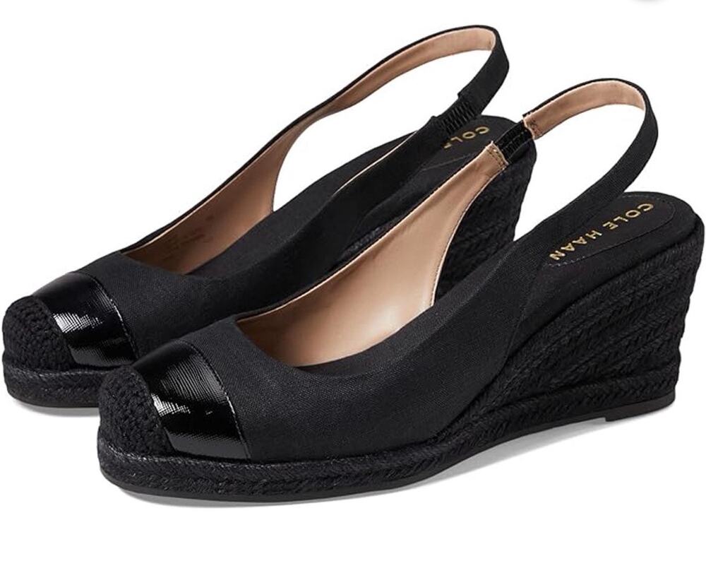 Cole Haan Cloudfeel Black Linen Slingback Wedge Heeled Cap Toe Heeled Sandals